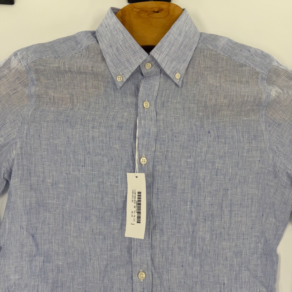 Tintoria Mattei 954 Blue Striped Linen Button Down Shirt Mens 39 15.5 Regular - Picture 2 of 9